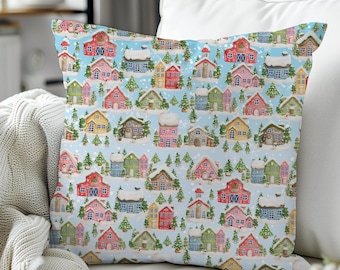 Winter Village Christmas Pillow Cover, Snowy Christmas Scene Pillow Case, Holiday Decor