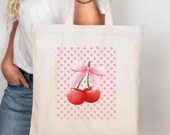 Coquette Cherry Tote Bag, Fruit Tote Bag, Farmers Market Bag, Pink Polka Dots Boho Bows and Cherries Tote