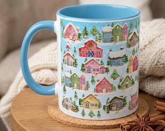 Winter Village Coffee Mug, Cozy Christmas Town Ceramic Mug, Snowy Winter Christmas Gift