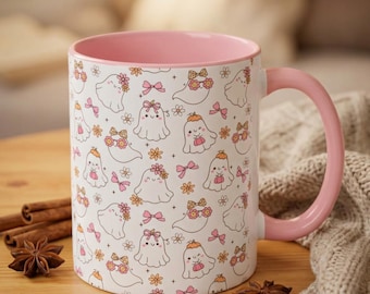 Taza de cerámica con un lindo fantasma rosa, taza de café rosa de Halloween, taza de fantasma genial