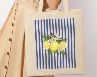 Lemon Tote Bag, Fruit Tote Bag Canvas, Lemon Gift Bag, Farmers Market Bag, Shoulder Bag, Summer Tote Bag, Lemon Theme Gift, Lemon Print Bag