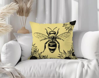 Yellow Bee Pillow Case, Bee Pillow Cover, Throw Pillows Couch, Insect Pillow Cover, Housewarming Gift, Bumblebee Pillow, 14x14 Pillow Cover