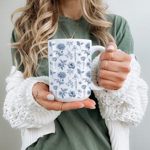 Blue Wildflower Chinoiserie Mug, Floral Toile de Jouy Print, Garden Lovers Gift, Blue Toile Chinoiserie Print, Pretty Coffee Mug, Tea Lover