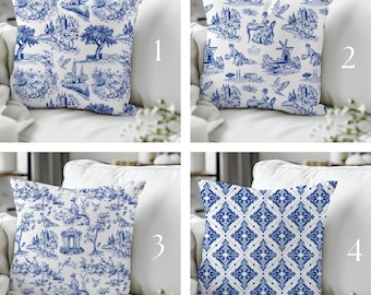 Blue Chinoiserie Pillow Cover, Asian Inspired Pillow, Toile de Jouy Print, Cute Throw Pillows Couch, Housewarming Gift, Chinoiserie Pillows