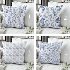 Blue Floral Pillow, Chinoiserie Pillow Cover, Throw Pillows Couch, Housewarming Gift, Botanical Accent Pillow, Wildflower Pillow Case