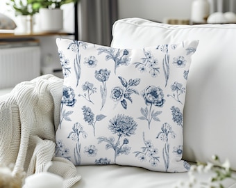 Blue Chinoiserie Pillow Cover, Floral Throw Pillow Sham, Chinoiserie Decorative Accent Pillowcase, Mothers Day Gift, Spring Flower Decor