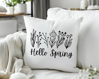 Hello Spring Pillow Cover, Wildflower Floral Accent Throw Pillow, Moms Day Gift