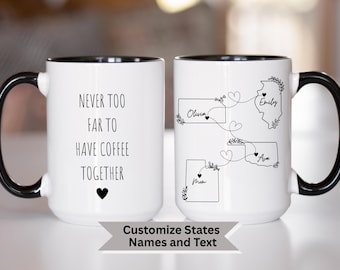 Four States Long Distance Friendship Mug, Personalized State to State Coffee Cup, Moving States Gift for Four Sisters, Four Friends Gift