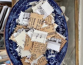 50 Die Cut Musical Faux Postage Stamps from Vintage and Antique Music Pages
