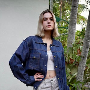 70-tals Ely-kavaj / Fyrficksjeansjacka i mörk tvätt / Klassisk jeansjacka i selvedge-modell / Lätt jacka / Blommönster med stencilmönster