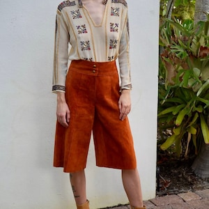 70s Leather Gaucho Pants / Copper Brown Suede Leather Pants / Seventies High Waist Gauchos / High Waist Trousers / High Waters image 1