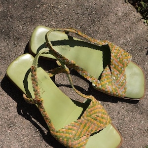 Size 8.5 Sandals / Vintage 90&#39;s y2k Woven Leather Sandals / Multi Colored Leather