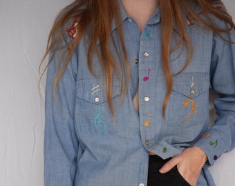 Vintage Western Shirt / Chambray Embroidered Shirt / Music Notes Embroidered Denim Shirt / Unisex Western