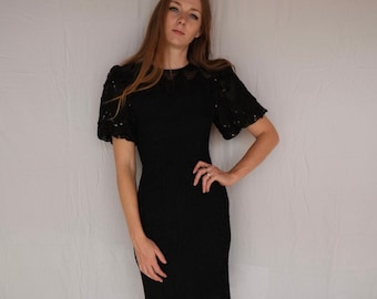 Vintage Party Dress / Plisse Pleated Puffed Sleeve Midi Dress / Black Haute Hippie Midi Dress/ Sequin Puffy Sleeves Dress