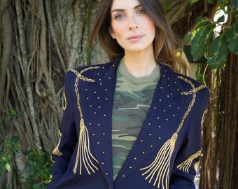 80's Linen Jacket / Gold Embroidery Rope and Tassels With