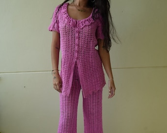 1960's crochet top and pant set / Barbie pink sixties seventies mid waist bell bottoms