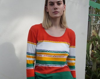 1970's Yves Saint Laurent Long Sleeve Top / Vintage 70's Stripe Jersey Pullover / Orange Green White Yellow Lightweight Shirt / Scoop Neck