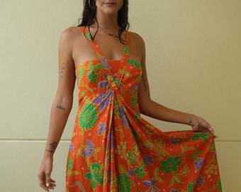 1970's Resort Dress / Gorgeous Orange Printed Festival Maxi Gown / Late Seventies / Orange and Green / Haute Hippie Boho Dress / Sleeveless