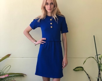 Adolfo 1980's Dress / Knit Dress / Cobalt Blue Sweater Dress / Large Gold Buttons Eighties Dress