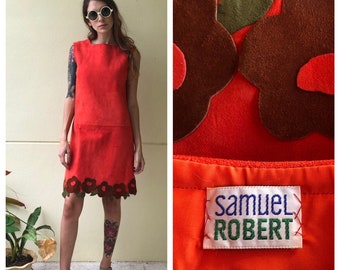 1960s Leather Dress / Samuel Robert Dress / Orange Suede Leather Shift Dress / Mod Midi Dress /Flower Leaf Appliqués / Iconic Designer Dress