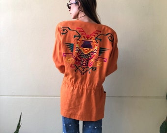 Oversized Jacket / Vintage Linen Jacket / 90's Southwest Vintage Jacket / Embroidered Orange Cotton Blazer /  Linda Allard for Ellen Tracy