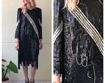 1980's Sequin Tunic Dress / Judith Ann Creations Dress / Silver Black Flapper Sequined Dress / Fringe Beaded Dress / Sexy NYE Dress