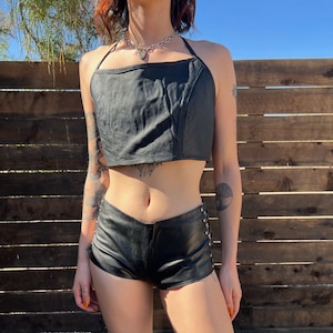 Leather Halter Top / Black Y2k backless Leather