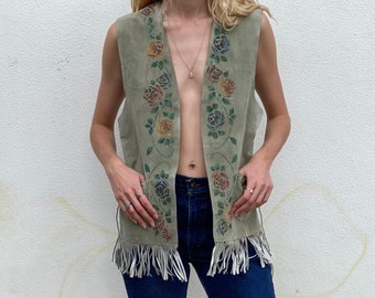 Vintage Leather Fringe Vest / Hand Stenciled Painted Suede Sleeveless Jacket / 1980's Floral Painted Gray Leather Vest / Leather Waist Coat