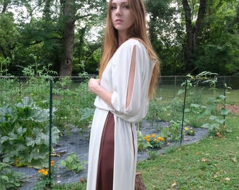 1970s Maxi Dress / Haute Hippie Evening Gown with Side Slits on the Sleeves / Peekaboo Fringe Dress / Prairie Cream Maxi Dress