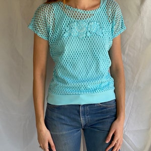 80's Mesh Shirt / Netted Sheer shirt / Mesh Summer Top / See Through Floral Shirt / Beach Cover Up / Aqua Blue Layer Shirt image 2