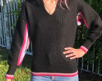 The Softest Vintage Sweater / Pink Stripe Charcoal Black Sweater / Puffy Sleeves / Slouchy Sweater