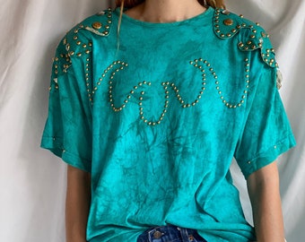 Vintage 1990's Tshirt / Leather Waves Aqua Beachy Top / Gold Studded Shirt / Embellished Studded Tshirt / Avant Garde Tshirt