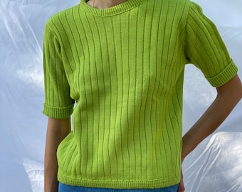 1960's Boxy Sweater / Lime Green Mid Century Sweater / Deadstock with Tag / Springtime Lime Green Knit Top