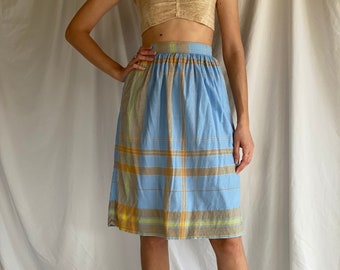 Vintage Cotton Midi Skirt / Plaid Summer Midi Skirt / Blue Orange Beige Yellow Cotton Skirt / 1970's Vintage Skirt
