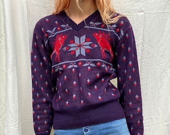 1940's Christmas Sweater / Reindeer & Snowflake Knit Top / Christmas Wonderland Top / Red Sweater / Navy Blue Hunter Green