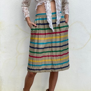 Vintage Cotton Skirt / Stripe Button Front Midi Skirt / Simple Summer Skirt / Skirt with pockets / Full Skirt /  Festival Easy Skirt