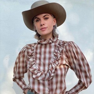 1970's Western Plaid Blouse / Frilly Yoke Western Cotton Shirt / 1970's High Neckline Shirt with Mutton Sleeves image 1