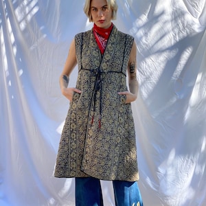 1970's Indian Cotton Waist Coat Dress / 1970s Quilted Sleeveless Quilt Duster Jacket / Seventies Haute Hippie Jacket / Woodstock Jacket image 1