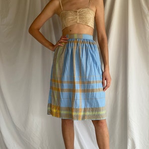 Vintage Cotton Midi Skirt / Plaid Summer Midi Skirt / Blue Orange Beige Yellow Cotton Skirt / 1970's Vintage Skirt image 1