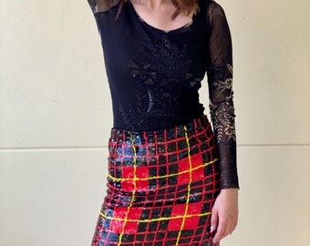 Sequin Mini Skirt / Vintage Sandy Starkman Plaid Printed Hourglass Sequins Skirt / Short Date Night Skirt / Holiday Party Christmas Gift