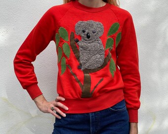 Vintage Koala Sweatshirt Pullover / Button Eyes and Fork Hands Appliqué Sweater