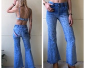 Vintage Ely Denim Jeans Embroidered Raw Hem Bell Bottoms American Flag Patched Jeans Stagewear Floral Bell Bottoms