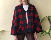 Vintage Wool Poncho 1960 39 s Cape Easy Autumnal Winter Cape Wool Outerwear Red and Green Tartan Plaid