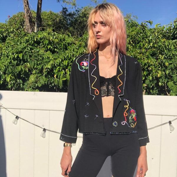 80's 90's Beaded Bug Jacket / Dragonfly Floral Applique Linen Open Jacket / Cropped Blouse / Black Collar Open Jacket