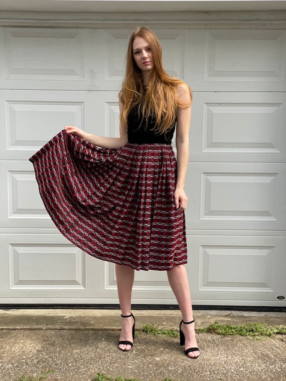 1950s Velvet Dress / Plaid Party Dress / Red & Bl… - image 3