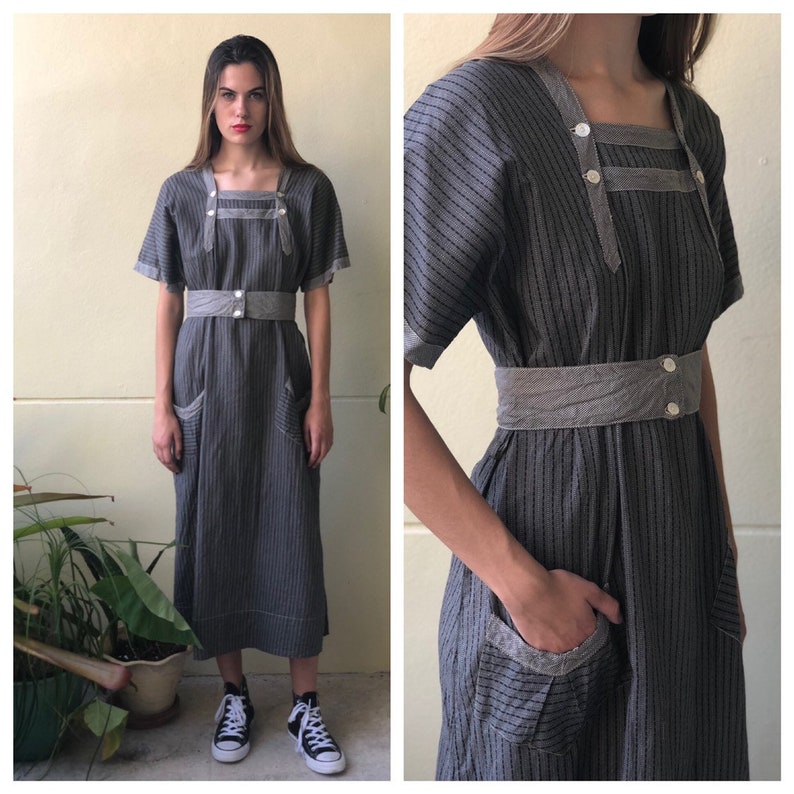 Antique Chore Dress / 1910's Cotton Workwear Tunic / Gray Calico Printed Dress / Original Workwear Dress / Teens Antique / Check Dress image 1