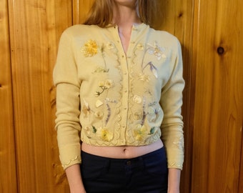 Helen Bond Carruthers / 1950s Cashmere Cardigan Sweater / Mid Century Sweater / Embroidered Antique Textile Patches Holiday Party Sexy Pinup