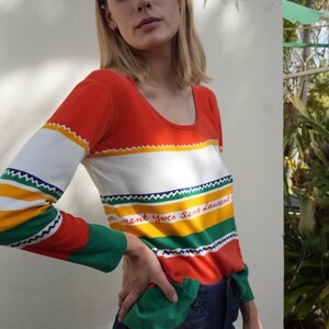 1970's Yves Saint Laurent Long Sleeve Top / Vintage 70's Stripe Jersey Pullover / Orange Green White Yellow Lightweight Shirt / Scoop Neck image 6