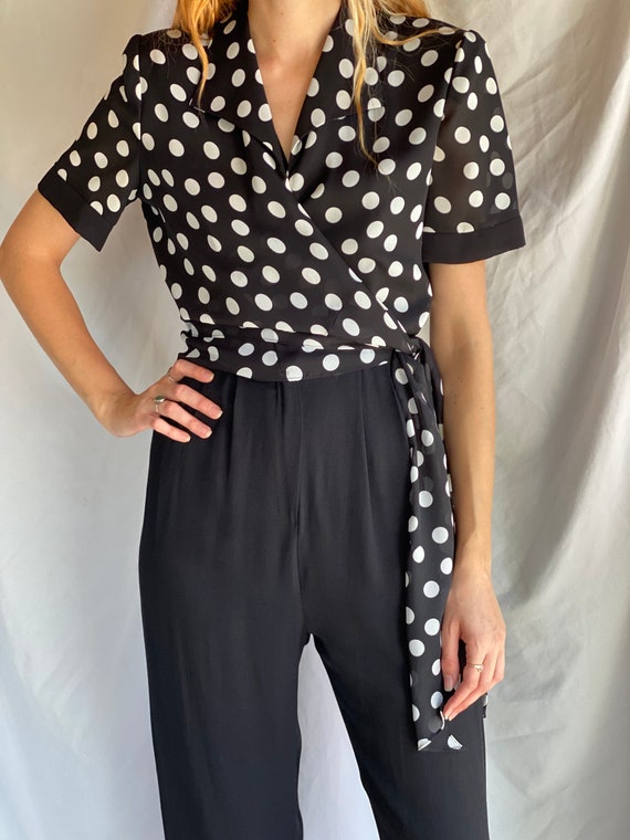 1990s Jumpsuit / Polka Dot Wrap Top Onesie / Ones… - image 2