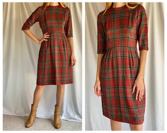 1950s Plaid Dress / 60s Sexy Secretary Dress / Hourglass BOMBSHELL Dress / Fifties Checkered Plaid Print / Sixties Dress